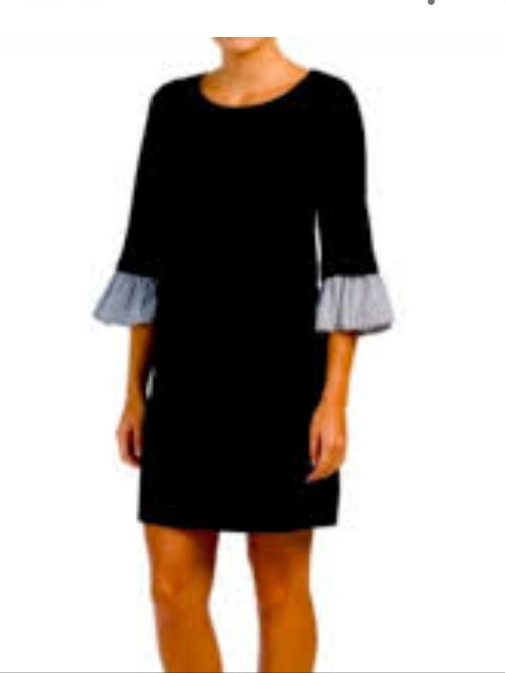 Pleione Soft Knit  Shift Dress  Striped Bell Ruffle Sleeves Blk Sz Small NWT